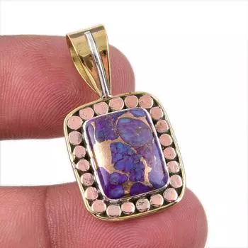 Natural Purple Turquoise Gemstone 925 Sterling Silver TwoTone Pendant 1.25 z4I58