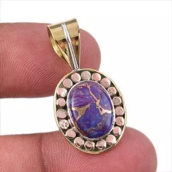 Natural Purple Turquoise Gemstone 925 Sterling Silver TwoTone Pendant 1.25 H4f25