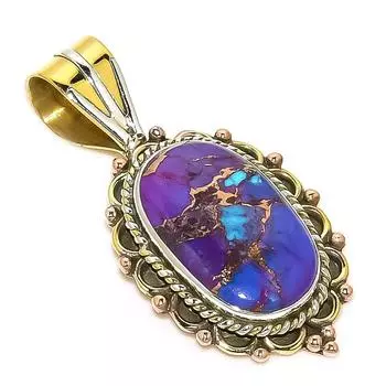 Natural Purple Turquoise TwoTone 925 Solid Sterling Silver Pendant 1.50 l2W66