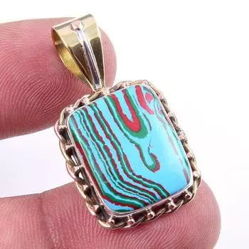 Natural Rainbow Calcica Gemstone 925 Solid Silver Two Tone Pendant 1.25 W2C51
