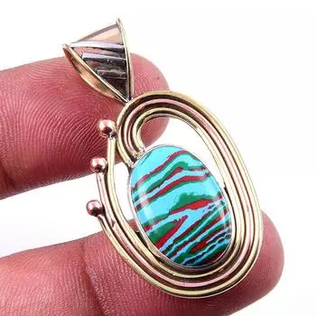 Natural Rainbow Calcica Gemstone 925 Solid Silver Two Tone Pendant 1.75 V6d60