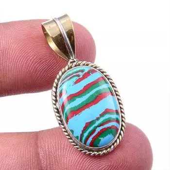 Natural Rainbow Calcica Gemstone 925 Solid Silver Two Tone Pendant 1.25 C1H69