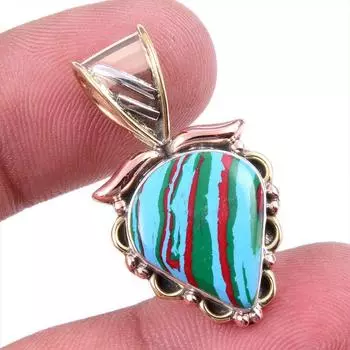 Natural Rainbow Calcica Gemstone 925 Solid Silver Two Tone Pendant 1.25 U5j27