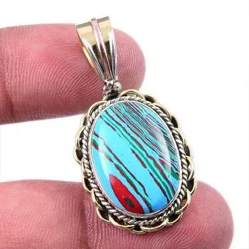 Natural Rainbow Calcica Gemstone 925 Solid Silver Two Tone Pendant 1.50 w3Z22