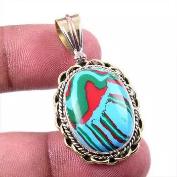 Natural Rainbow Calcica Gemstone 925 Solid Silver Two Tone Pendant 1.50 c6v54