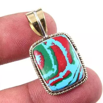Natural Rainbow Calcica Gemstone 925 Solid Silver Two Tone Pendant 1.25 Y6L45