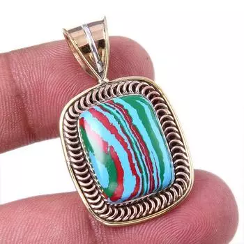 Natural Rainbow Calcica Gemstone 925 Solid Silver Two Tone Pendant 1.50 s8K62