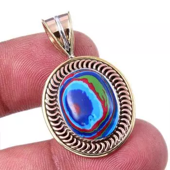 Natural Rainbow Calcica Gemstone 925 Solid Silver Two Tone Pendant 1.25 R8T56
