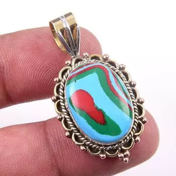 Natural Rainbow Calcica Gemstone 925 Solid Silver Two Tone Pendant 1.50 r8w54