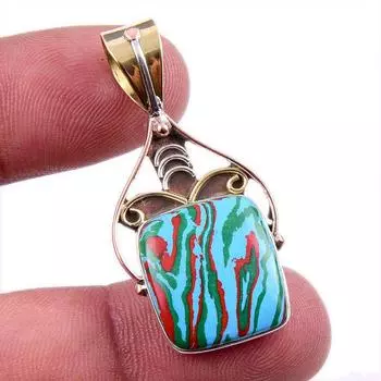 Natural Rainbow Calsilica Gemstone 925 Solid Silver Two Tone Pendant 1.75 J9V58
