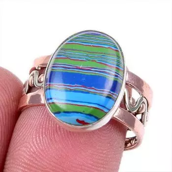 Natural Rainbow Calsilica Gemstone 925 Solid Silver Two Tone Ring Size 8US K2C67