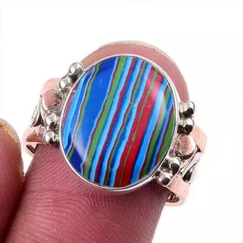 Natural Rainbow Calsilica Gemstone 925 Solid Silver Two Tone Ring Size 9US z5b33