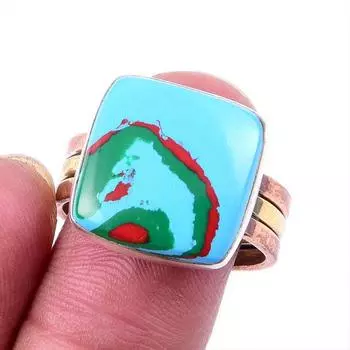 Natural Rainbow Calsilica Gemstone 925 Solid Silver Two Tone Ring Size 9US y8l20