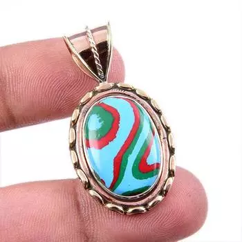 Natural Rainbow Calsilica Gemstone 925 Solid Silver Two Tone Pendant 1.75 E0y53