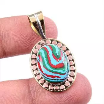Natural Rainbow Calsilica Gemstone 925 Solid Silver Two Tone Pendant 1.5 u0s53