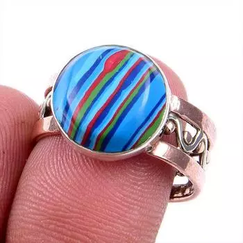 Natural Rainbow Calsilica Gemstone 925 Solid Silver Two Tone Ring S.8.5US i0b06