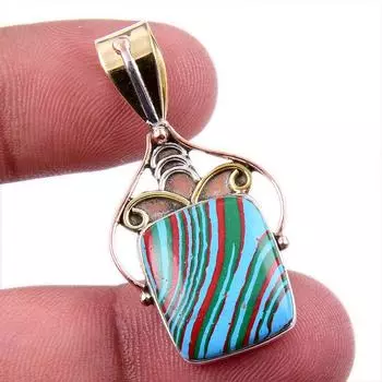 Natural Rainbow Calsilica Gemstone 925 Solid Silver Two Tone Pendant 1.75 Z3M55