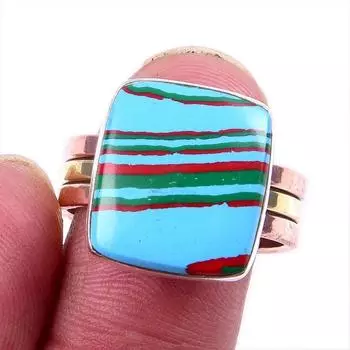Natural Rainbow Calsilica Gemstone 925 Solid Silver Two Tone Ring Size 9US b8h28