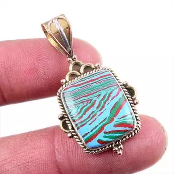 Natural Rainbow Calsilica Gemstone 925 Solid Silver Two Tone Pendant 1.5 V3U93