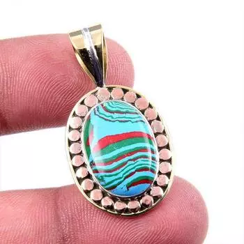 Natural Rainbow Calsilica Gemstone 925 Solid Silver Two Tone Pendant 1.5 h8V79
