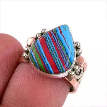Natural Rainbow Calsilica Gemstone 925 Sterling Silver Two Tone Ring S.6.5 y4i17