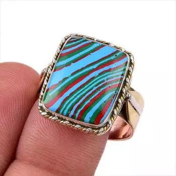 Natural Rainbow Calsilica Gemstone 925 Sterling Silver Two Tone Ring S.10 J4y23