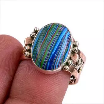Natural Rainbow Calsilica Gemstone 925 Sterling Silver Two Tone Ring Size 8 K4J64