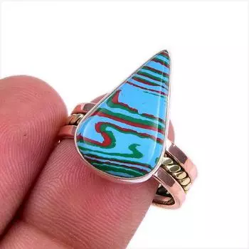 Natural Rainbow Calsilica Gemstone 925 Sterling Silver Two Tone Ring S.9.5 u7B80