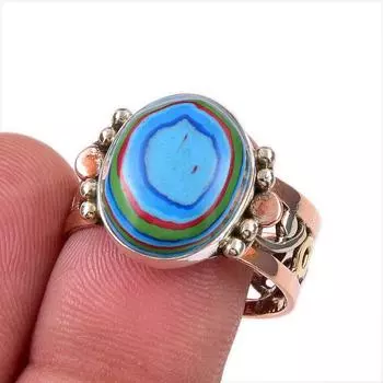 Natural Rainbow Calsilica Gemstone 925 Sterling Silver Two Tone Ring S.9.5 g3a82