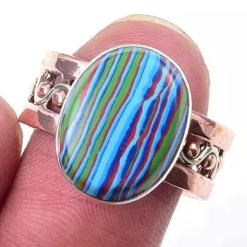 Natural Rainbow Calsilica Gemstone 925 Sterling Silver Two Tone Ring S.8.5 B4N89