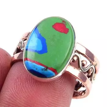 Natural Rainbow Calsilica Gemstone 925 Sterling Silver Two Tone Ring S.8.5 c3E48