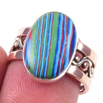 Natural Rainbow Calsilica Gemstone 925 Sterling Silver Two Tone Ring S.7.5 c0k90