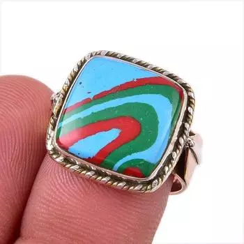 Natural Rainbow Calsilica Gemstone 925 Sterling Silver Two Tone Ring S.6.5 G9N76