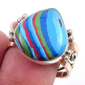Natural Rainbow Calsilica Gemstone 925 Sterling Silver Two Tone Ring S.10 s5p45