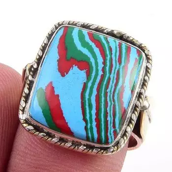 Natural Rainbow Calsilica Gemstone 925 Sterling Silver Two Tone Ring Size 7 B1K95