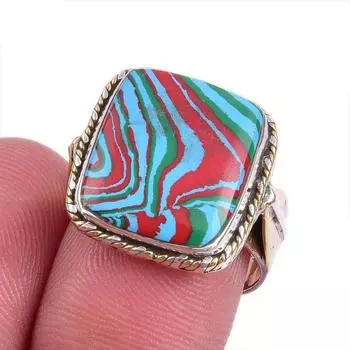 Natural Rainbow Calsilica Gemstone Two Tone 925 Sterling Silver Ring Size 7 d6c45
