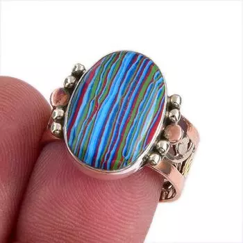 Natural Rainbow Calsilica Gemstone Two Tone 925 Sterling Silver Ring Size 8 Z3M07