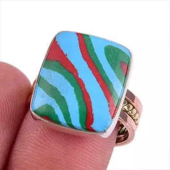 Natural Rainbow Calsilica Gemstone Two Tone 925 Sterling Silver Ring S.7.5 P1i95