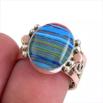 Natural Rainbow Calsilica Gemstone Two Tone 925 Sterling Silver Ring S.7.5 K4v61