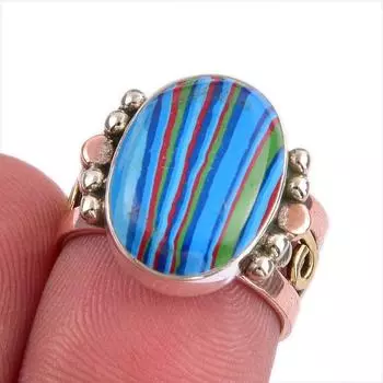 Natural Rainbow Calsilica Gemstone Two Tone 925 Sterling Silver Ring S.5.5 a8C55