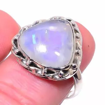 Natural Rainbow Moon Stone Gemstone 925 Solid Sterling Silver Ring Size 8.5 a5y48