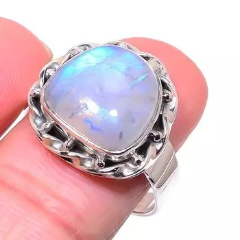 Natural Rainbow Moon Stone Gemstone 925 Solid Sterling Silver Ring Size 9.5 Y7T50
