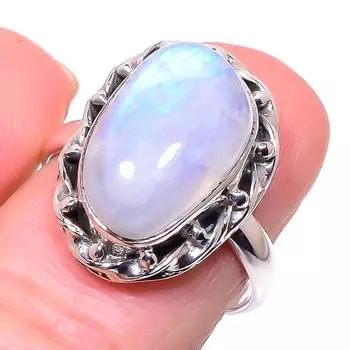Natural Rainbow Moon Stone Gemstone 925 Solid Sterling Silver Ring Size 7.5 i5Z29