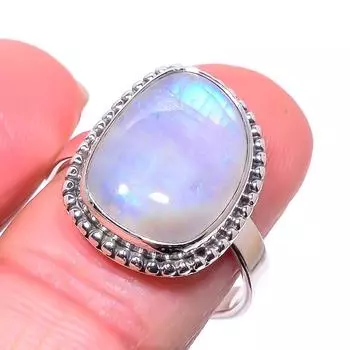 Natural Rainbow Moon Stone Gemstone 925 Sterling Silver Jewelry Ring Size 9 H5Q68