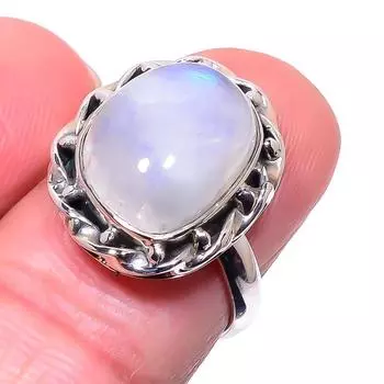 Natural Rainbow Moon Stone Gemstone 925 Sterling Silver Jewelry Ring Size 7 p4Z41