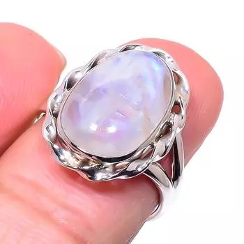 Natural Rainbow Moon Stone Gemstone 925 Sterling Silver Jewelry Ring Size 7 c3K15
