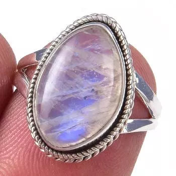 Natural Rainbow Moon Stone Gemstone Handmade 925 Sterling Silver Ring S.6 m7I16