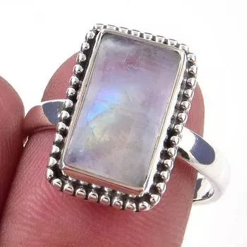 Natural Rainbow Moon Stone Gemstone Handmade 925 Sterling Silver Ring S.8 c7W50