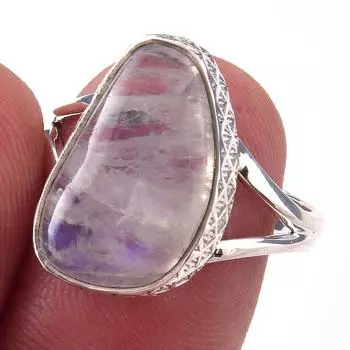 Natural Rainbow Moon Stone Gemstone Handmade 925 Sterling Silver Ring S.8 H8p24