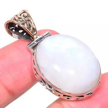 Natural Rainbow Moonstone 925 Solid Sterling Silver Tow Tone Pendant 1.62 g5N37